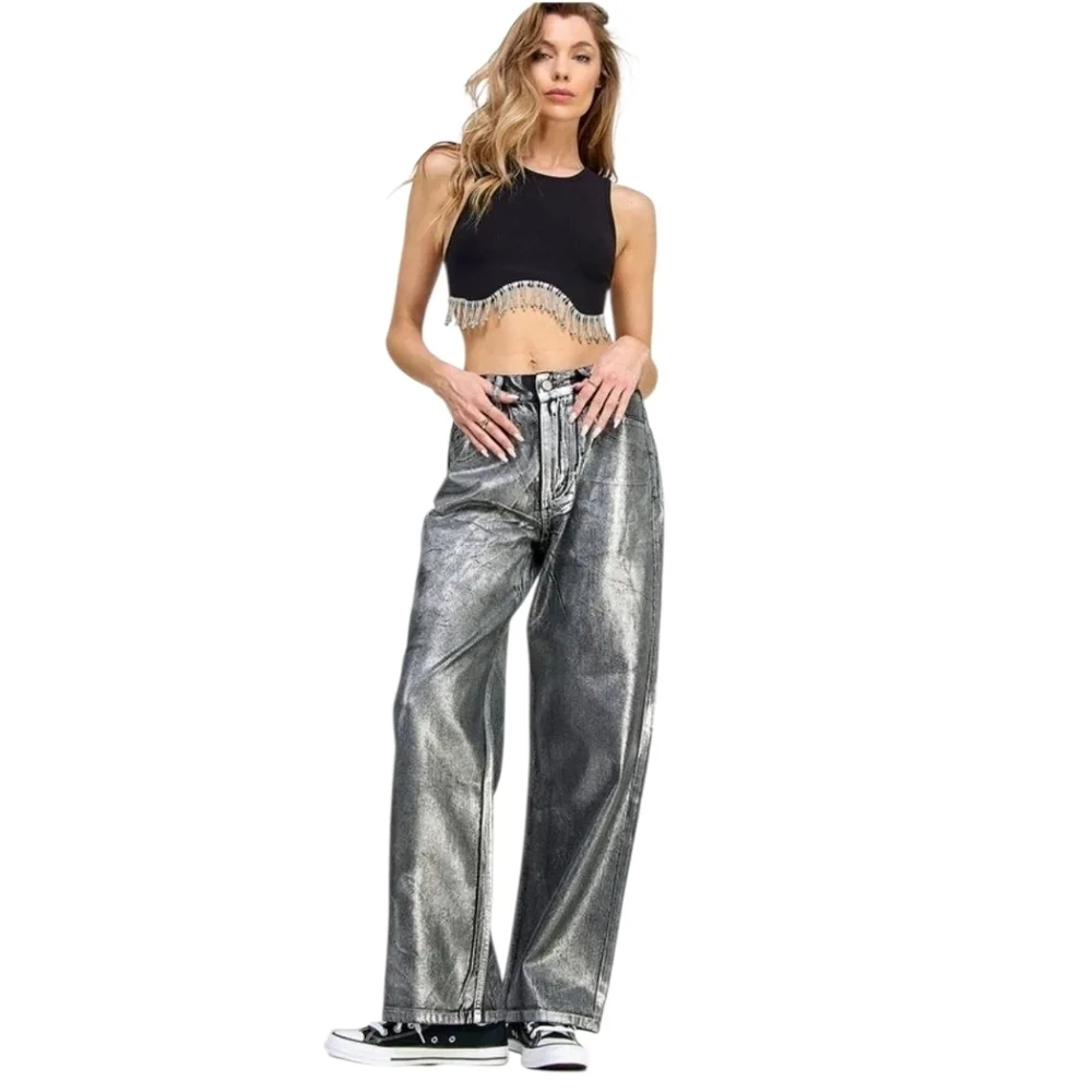 Miss Love The Metallic Jean Denim Wide Leg Pants Black Silver size Large